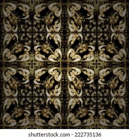 Vintage baroque floral seamless pattern in gold over brown, gray and black. Ornate vector decoration. Luxury, royal and Victorian concept. Golden element on brown, gray and black colors.