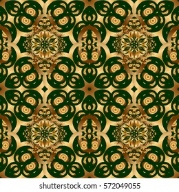 Vintage baroque floral seamless pattern in gold over green. Luxury, royal and Victorian concept. Golden elements isolated on green background. Ornate vector decoration.