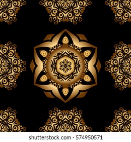 Vintage baroque floral seamless pattern in gold over black. Golden elements isolated on black background. Ornate vector decoration. Luxury, royal and Victorian concept.