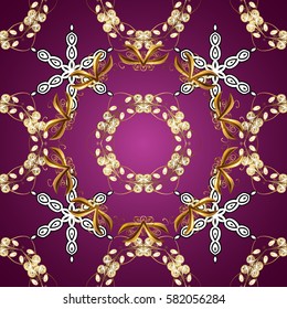 Vintage baroque floral seamless pattern in gold over purple. Luxury, royal and Victorian concept. Golden element on purple background. Ornate vector decoration.