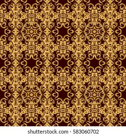 Vintage baroque floral seamless pattern in gold over brown. Golden elements isolated on brown background. Ornate vector decoration. Luxury, royal and Victorian concept.
