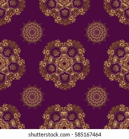 Vintage baroque floral seamless pattern in gold over purple. Ornate vector decoration. Luxury, royal and Victorian concept. Golden elements isolated on purple background.