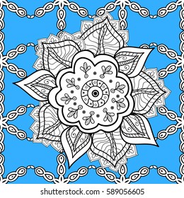 Vintage baroque floral seamless pattern in white over blue. Ornate vector decoration. Luxury, royal and Victorian concept. Golden element on blue background.