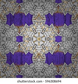 Vintage baroque floral seamless pattern in gold over violet. Luxury, royal and Victorian concept. Golden element on violet background. Ornate vector decoration.