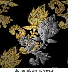 Vintage baroque floral seamless pattern in gold over black. Ornate vector decoration. Luxury, royal and Victorian concept. Golden element on black background.