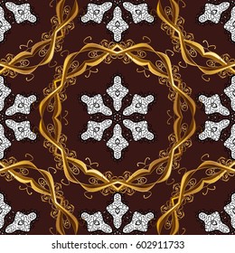 Vintage baroque floral seamless pattern in gold over brown. Golden element on brown background. Ornate vector decoration. Luxury, royal and Victorian concept.