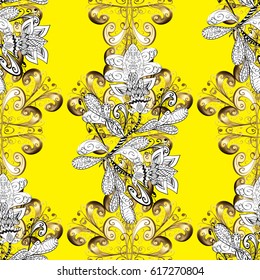 Vintage baroque floral seamless pattern in gold over. Ornate vector decoration. Luxury, royal and Victorian concept. Golden element on yellow background.