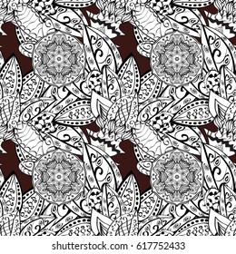 Vintage baroque floral seamless pattern in white over brown. White element on brown background. Ornate vector decoration. Luxury, royal and Victorian concept.