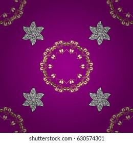 Vintage baroque floral seamless pattern in gold over magenta. Golden element on magenta background. Ornate vector decoration. Luxury, royal and Victorian concept.