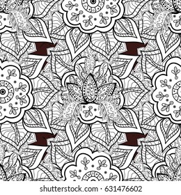 Vintage baroque floral seamless pattern in white over brown. Luxury, royal and Victorian concept. White element on brown background. Ornate vector decoration.