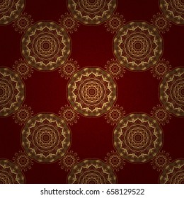 Vintage baroque floral seamless pattern in gold over red. Luxury, royal and Victorian concept. Golden elements isolated on red background. Ornate vector decoration.
