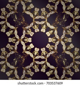 Vintage baroque floral seamless pattern in gold over. Golden element on lilac and purple background. Ornate vector decoration. Luxury, royal and Victorian concept.
