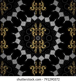 Vintage baroque floral seamless pattern in gold over black. Luxury, royal and Victorian concept. Golden element on black colors. Ornate vector decoration.