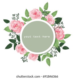 Vintage Baroque Frame with Blooming Roses. Greeting Card with Place for Your Text. Vector illustration. hand drawn watercolor. Design for invitation, wedding or greeting cards
