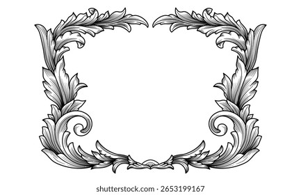 
Marco barroco de Antiguas con espacio de copia, ornamento floral de filigrana Clásica Florecer ornamental victoriano de la frontera. Elemento decorativo gótico. Diseño de la cubierta, tarjeta de felicitación, invitación de la boda, scrapbook