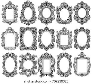 Vintage baroque frame decor set collection. Detailed ornament vector illustration