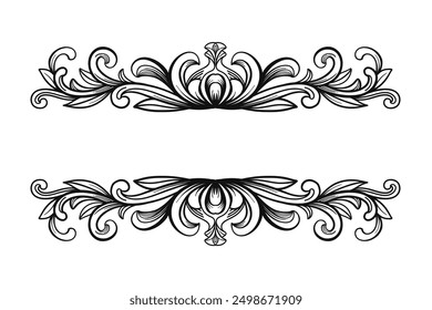 Elemento de marco barroco Antiguas. Ornamento de grabado arabesco. Florecer ornamental, diseño decorativo de la frontera victoriana. Vector caligráfico de filigrana blanco y negro