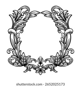 Vintage baroque frame with filigree floral engraved ornament. Antique oval wreath with scroll, curl, flourish, rococo decorative ornamental