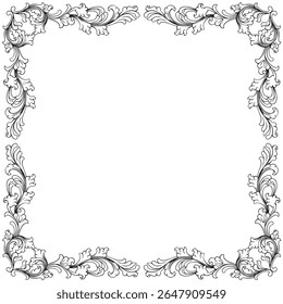 Vintage baroque frame with floral ornament engraving illustration art