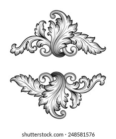 Vintage Baroque Frame Leaf Scroll Floral Ornament Engraving Border Retro Pattern Antique Style Swirl Decorative Design Element Black And White Filigree Vector