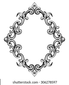 Vintage baroque frame leaf scroll floral ornament engraving border retro pattern antique style swirl decorative design element black and white filigree vector
