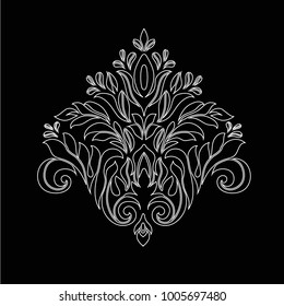 Vintage baroque frame scroll ornament engraving border floral retro pattern antique style acanthus foliage swirl decorative design element on a black background.