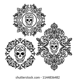 Vintage baroque frame scroll ornament engraving border floral retro pattern antique style acanthus foliage swirl decorative design element filigree calligraphy.