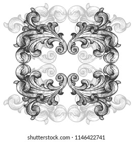 Vintage baroque frame scroll ornament engraving border floral retro pattern antique style acanthus foliage swirl decorative design element filigree calligraphy. 