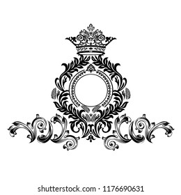 Vintage baroque frame scroll ornament engraving border floral retro pattern antique style acanthus foliage swirl decorative design element filigree calligraphy. 