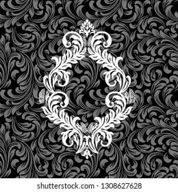 Vintage baroque frame scroll ornament engraving border floral retro pattern antique style acanthus foliage swirl decorative design element filigree calligraphy.