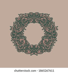 Vintage Baroque Frame Scroll Ornament, hand drawn line style with digital color, vector illustration