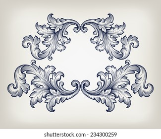 Vintage baroque frame scroll ornament engraving border retro pattern antique style decorative design element vector