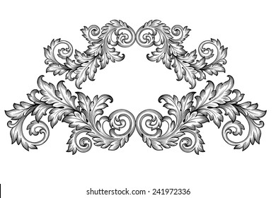 Vintage Baroque Frame Scroll Ornament Engraving Border Floral Retro Pattern Antique Style Foliage Swirl Decorative Design Element Filigree Calligraphy Vector