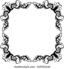 Vintage baroque frame scroll ornament engraving border floral retro pattern antique style acanthus foliage swirl decorative design element filigree calligraphy vector. 