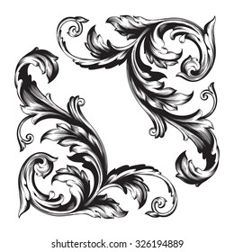 Vintage baroque frame scroll ornament engraving border floral retro pattern antique style acanthus foliage swirl decorative design element filigree calligraphy vector