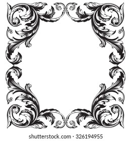 Vintage baroque frame scroll ornament engraving border floral retro pattern antique style acanthus foliage swirl decorative design element filigree calligraphy vector | damask