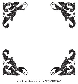 Vintage baroque frame scroll ornament engraving border floral retro pattern antique style acanthus foliage swirl decorative design element filigree calligraphy vector