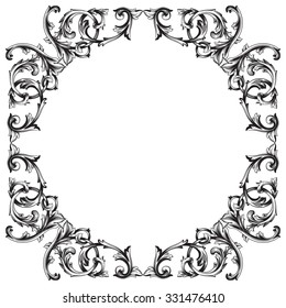 Vintage baroque frame scroll ornament engraving border floral retro pattern antique style acanthus foliage swirl decorative design element filigree calligraphy vector | damask