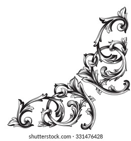 Vintage baroque frame scroll ornament engraving border floral retro pattern antique style acanthus foliage swirl decorative design element filigree calligraphy vector | damask