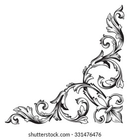 Vintage baroque frame scroll ornament engraving border floral retro pattern antique style acanthus foliage swirl decorative design element filigree calligraphy vector | damask