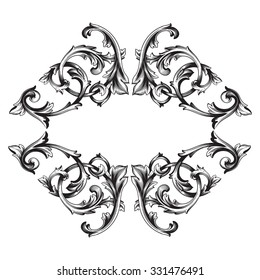 Vintage baroque frame scroll ornament engraving border floral retro pattern antique style acanthus foliage swirl decorative design element filigree calligraphy vector | damask