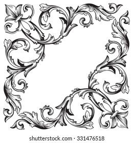 Vintage baroque frame scroll ornament engraving border floral retro pattern antique style acanthus foliage swirl decorative design element filigree calligraphy vector | damask