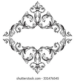 Vintage baroque frame scroll ornament engraving border floral retro pattern antique style acanthus foliage swirl decorative design element filigree calligraphy vector | damask