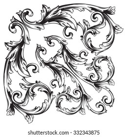 Vintage baroque frame scroll ornament engraving border floral retro pattern antique style acanthus foliage swirl decorative design element filigree calligraphy vector | damask