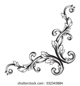 Vintage baroque frame scroll ornament engraving border floral retro pattern antique style acanthus foliage swirl decorative design element filigree calligraphy vector | damask