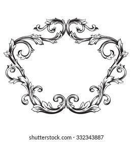 Vintage baroque frame scroll ornament engraving border floral retro pattern antique style acanthus foliage swirl decorative design element filigree calligraphy vector | damask