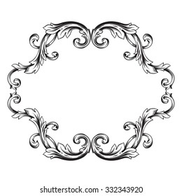 Vintage baroque frame scroll ornament engraving border floral retro pattern antique style acanthus foliage swirl decorative design element filigree calligraphy vector | damask