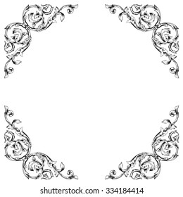 Vintage baroque frame scroll ornament engraving border floral retro pattern antique style acanthus foliage swirl decorative design element filigree calligraphy vector | damask - stock vector