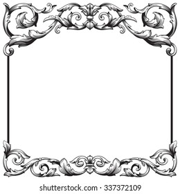 Vintage baroque frame scroll ornament engraving border floral retro pattern antique style acanthus foliage swirl decorative design element filigree calligraphy vector | damask - stock vector