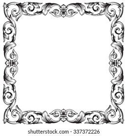 Vintage baroque frame scroll ornament engraving border floral retro pattern antique style acanthus foliage swirl decorative design element filigree calligraphy vector | damask - stock vector